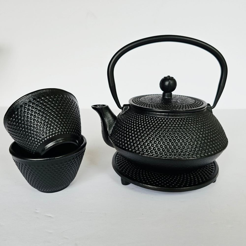 Black Cast Iron Hobnail Teapot Set 2 Cups Trivet Japanese Tetsubin Style Zen NIB